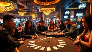 Experience the thrilling atmosphere of RR88 as players strategize around a blackjack table in a lively casino setting.