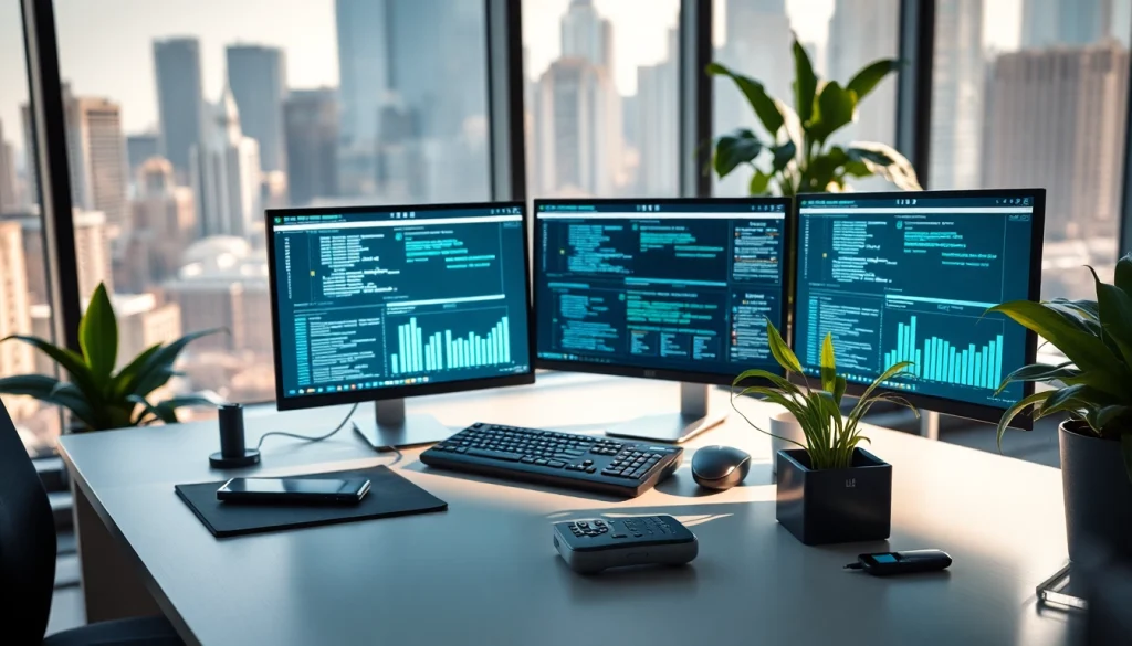 Technology workspace showing advanced computer systems and gadgets promoting innovation.