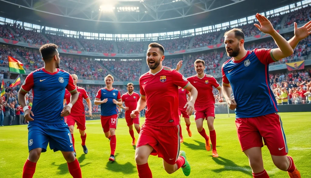 Showcasing energetic football players competing in vibrant cheap football kits on a grassy pitch.