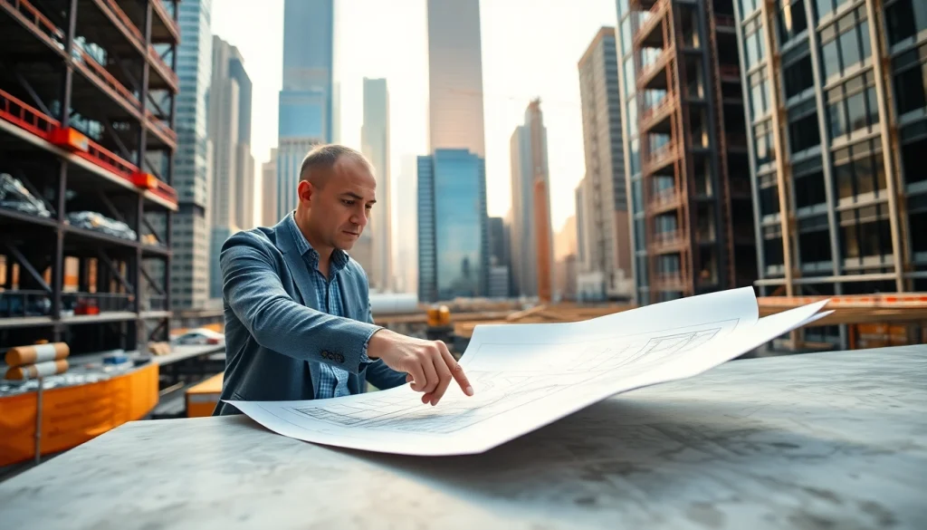 New York City Construction Manager analyzing blueprints at a bustling construction site in NYC.