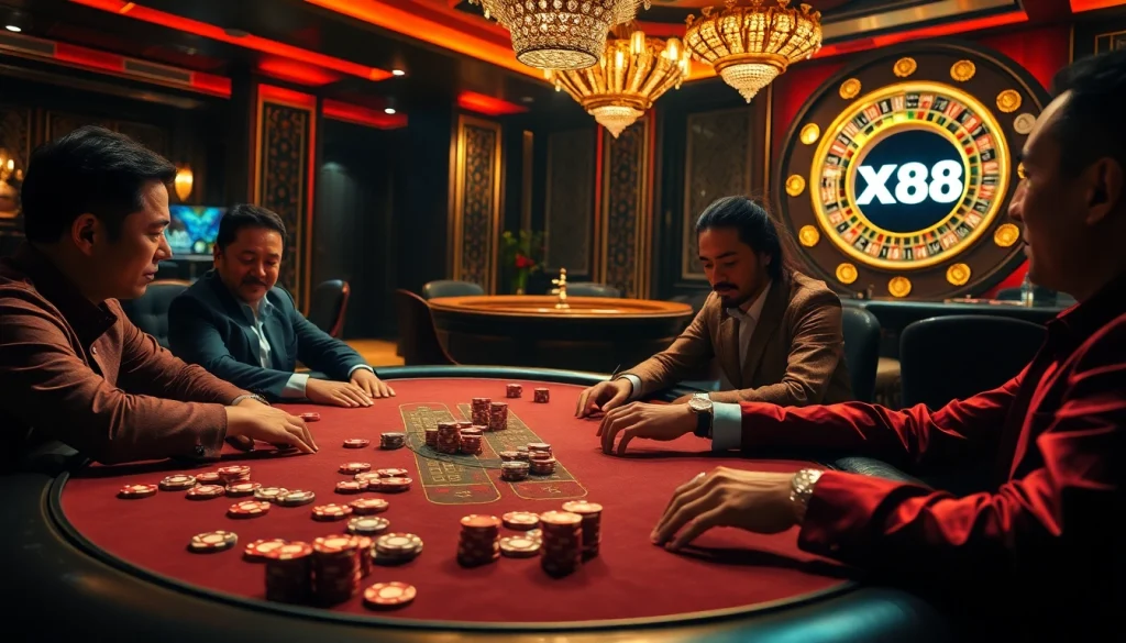 Experience the thrilling atmosphere of XX88 casino with poker games and roulette wheels.