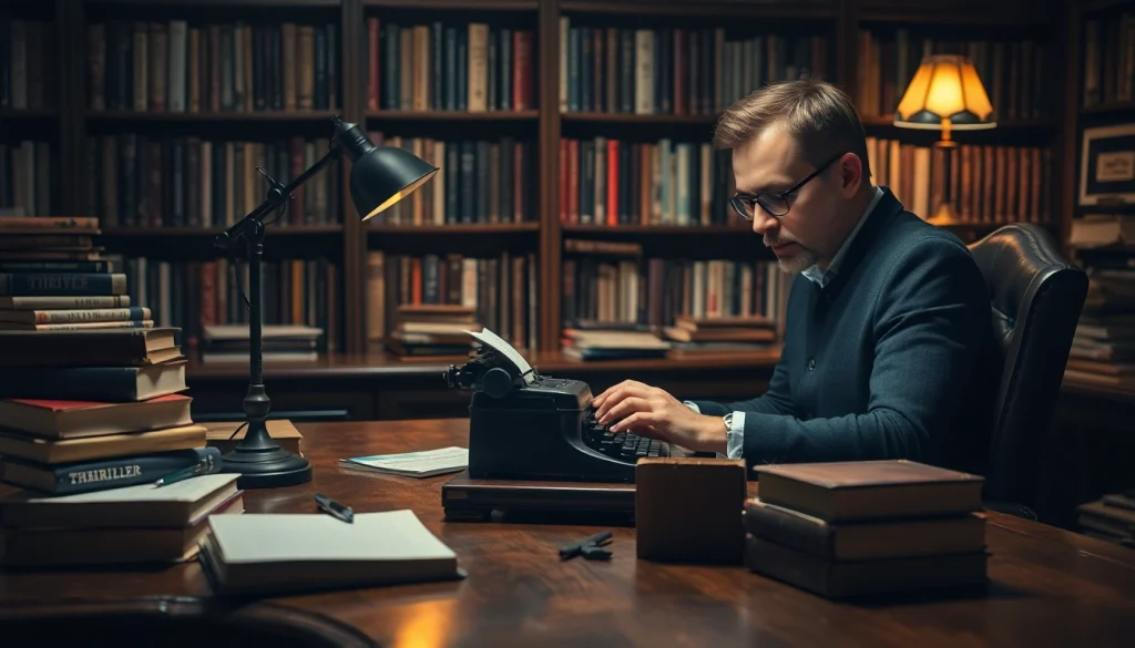 Thriller author intensely writing at a vintage typewriter in a cozy atmosphere.