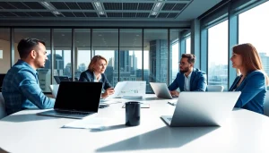 Engage in uk small business voip solutions during a professional business meeting in a modern office.