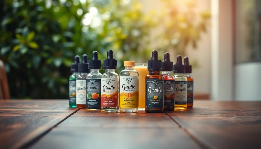 Vielfältige liquid Flaschen auf Holztablett, umgeben von natürlicher Atmosphäre.