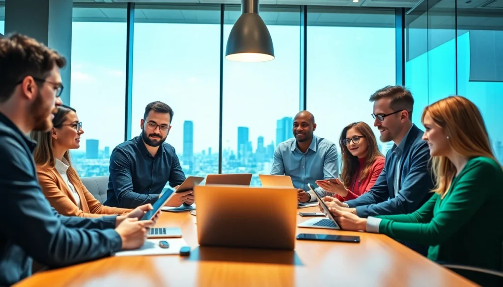 Collaboration among technology companies professionals in a modern office setting