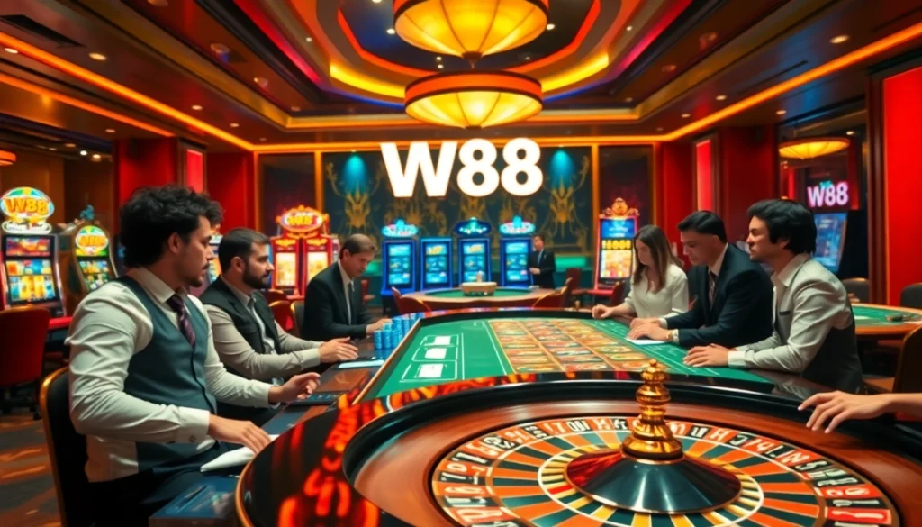 Experience the excitement of W88 at a vibrant casino table with dealers and players.