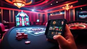 Experience the thrill of betting with 12bet's vibrant casino scene, featuring poker chips and slot machines.