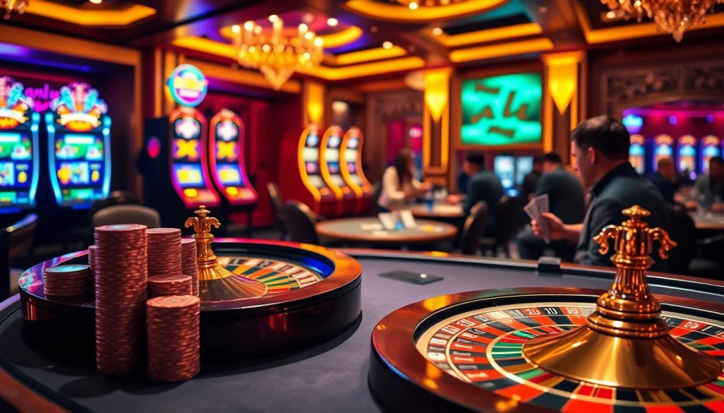 Experience the thrill of gambling at https://top10nhacai.gg/ with a vibrant casino scene and poker table.