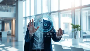 Engaging human interface with AI technology representing interactive collaboration.