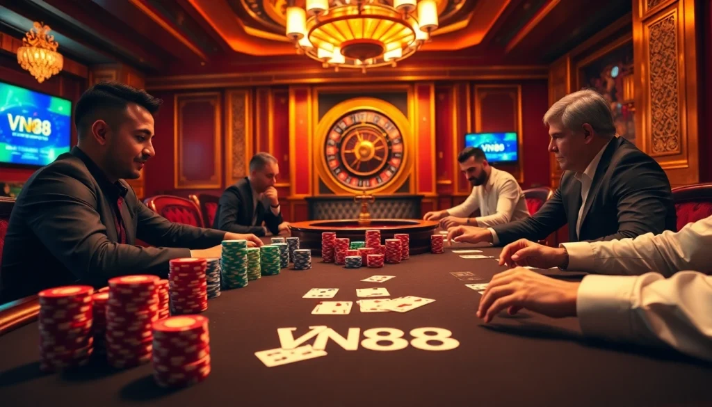 Intense poker gameplay at a luxurious VN88 casino table featuring vibrant chips and cards.
