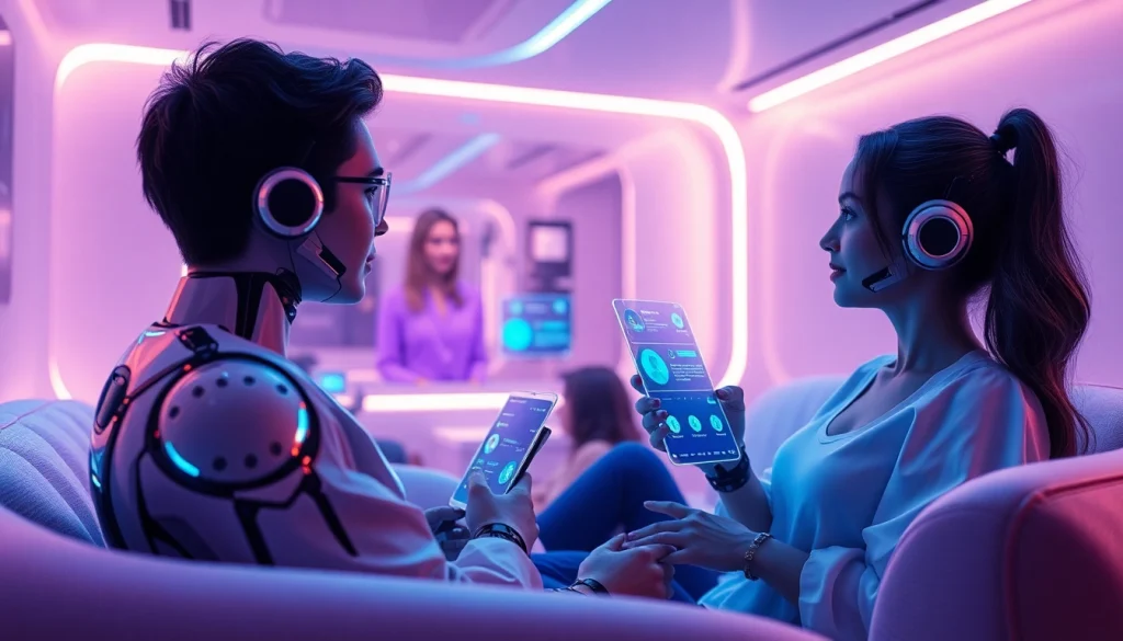 Interactive chatbots in a warm, futuristic setting engaging users about sex ai.