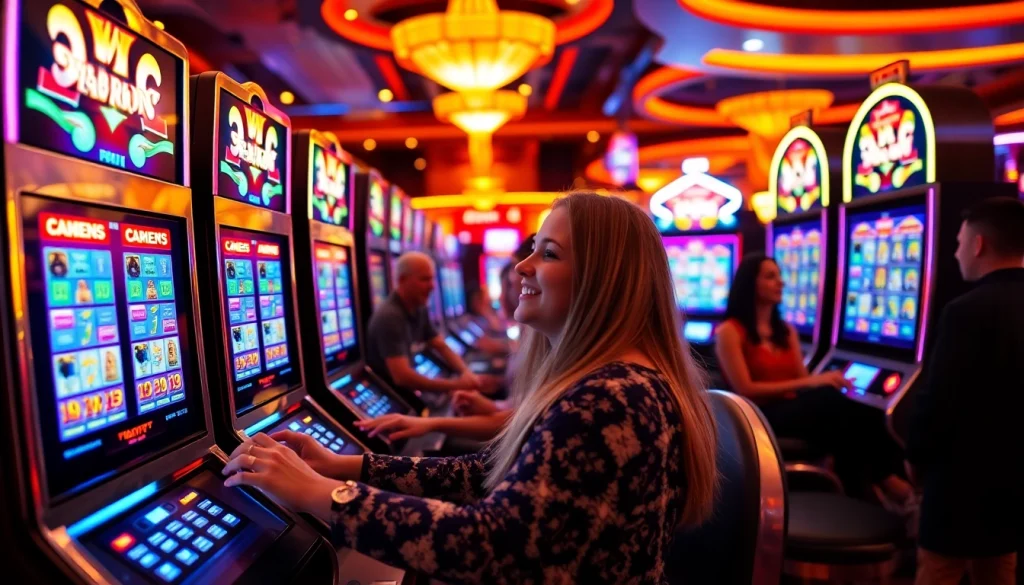 Engaged players enjoying Free Credit Slot machines in a vibrant casino atmosphere filled with excitement.