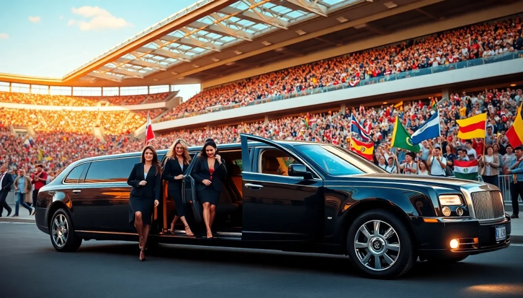 World Cup Group Transportation featuring a luxury limousine and excited fans at a stadium.