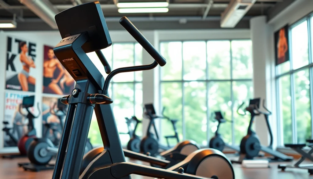 Elliptical machine manufacturer showcasing advanced fitness equipment in a vibrant gym setting.