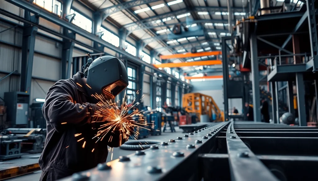 Welders meticulously working in a steel fabrication shop, showcasing detailed metalwork.