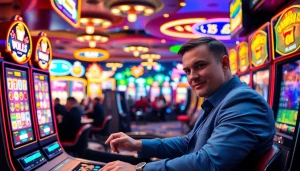 Menangkan Slot Gacor di permainan mesin slot yang penuh warna dan berdesakan suasana kasino.