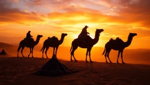Marrakech camel ride and quad biking adventure at sunset in Agafay Desert, showcasing serene landscapes and cultural elements.