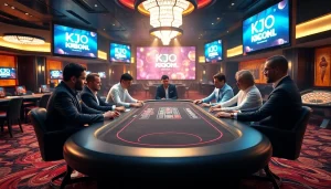 KJC ONL features a dynamic poker table set in a luxurious casino atmosphere, enticing players with high-stakes excitement.