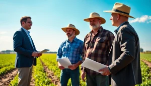Agriculture lawyer discussing land use laws with a farmer in a vibrant agricultural setting.