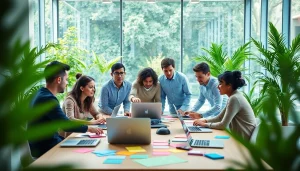 Team of professionals at a social media agency working collaboratively in a modern office.