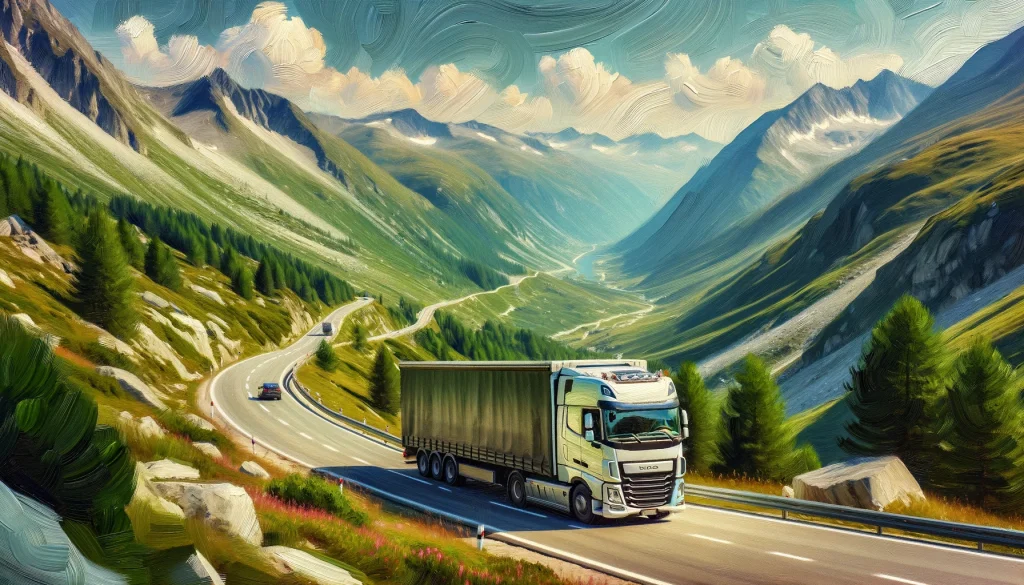 DALL_E_2024-04-17_14.17.01_-_A_lorry_driving_through_the_Alps_on_a_warm_summer_s_day_depicted_in_the_style_of_a_traditional_oil_painting_in_a_landscape_orientation._The_image_fe_fkgazx