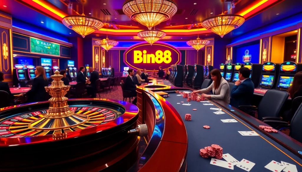 Experience casino excitement with Bin88 at a luxurious poker table featuring vibrant dealers and thrilling roulette.