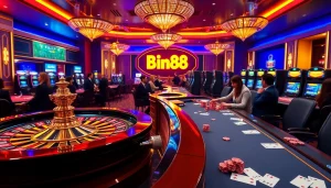 Experience casino excitement with Bin88 at a luxurious poker table featuring vibrant dealers and thrilling roulette.