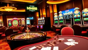 Experience thrilling gameplay at MM88 with vibrant casino elements like roulette, poker, and slot machines.