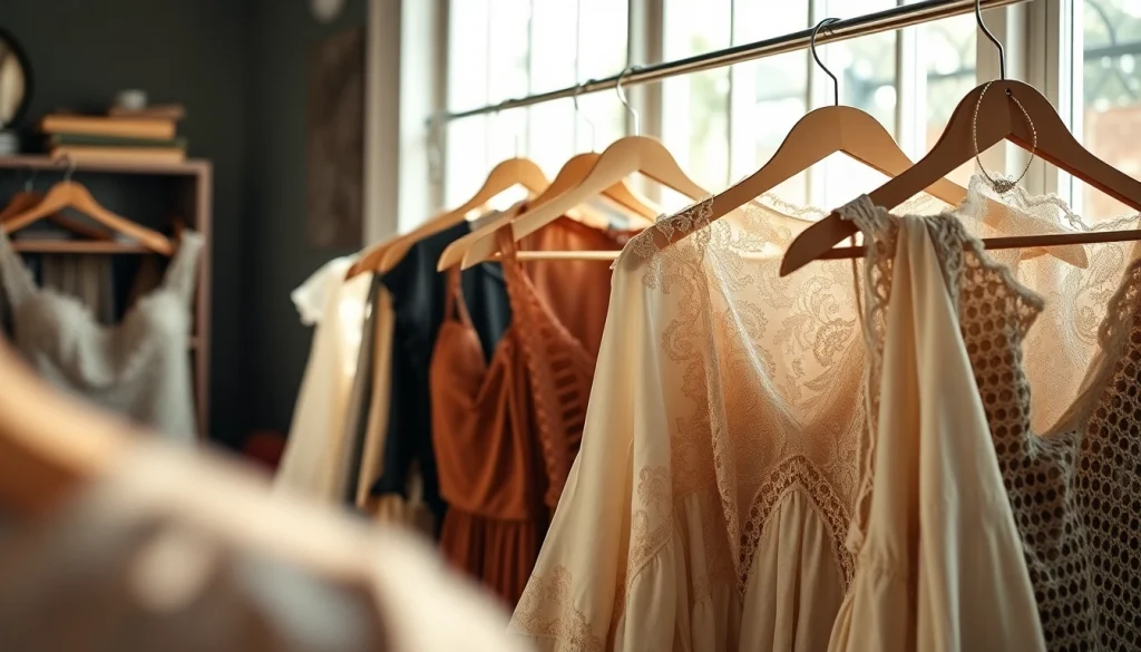 Showcase of Rivelle clothing designs highlighting elegance and intricate details in a boutique.
