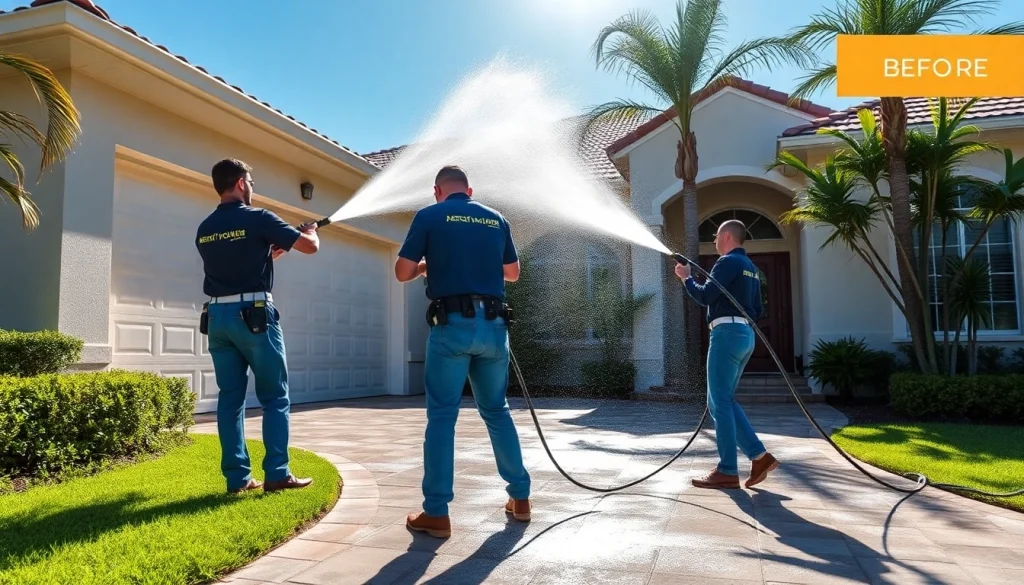 Pressure wash service rejuvenating a home exterior in Kissimmee, showcasing bright surfaces and professional technicians.