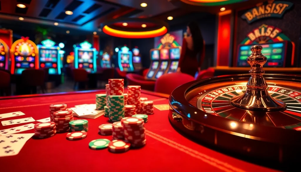 Engage in thrilling gameplay at trang chủ BL555 with vibrant casino tables, cards, and poker chips.