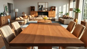 Showcasing elegant custom furniture in a modern living room with a handcrafted dining table.
