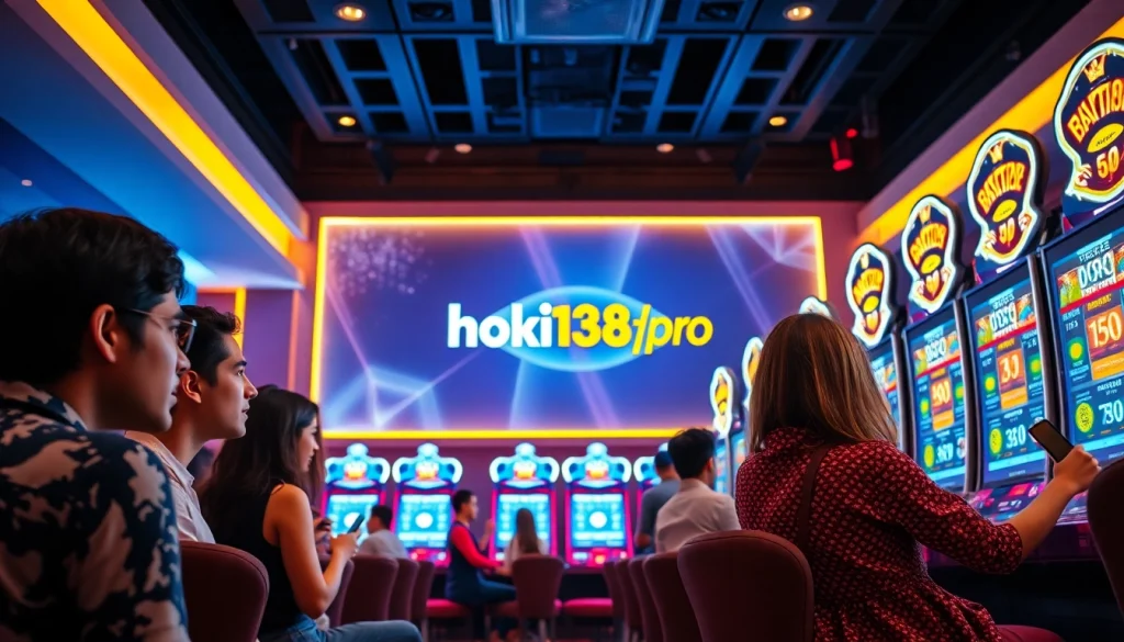 Experience the thrilling gaming atmosphere of hoki138 pro with vibrant visuals of excited players and high-tech slot machines.