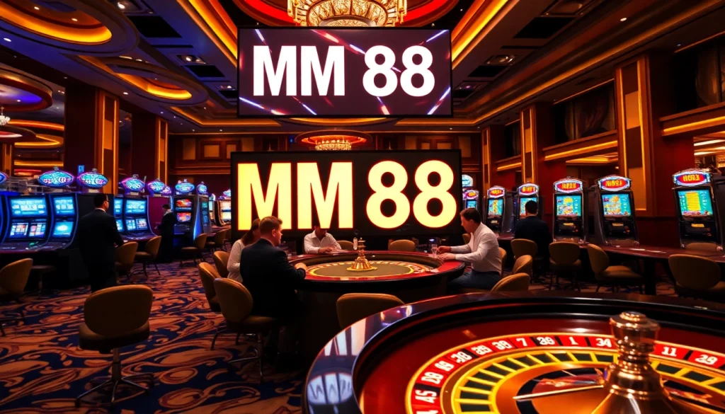 Exciting gambling scene featuring MM 88 at a luxurious casino, showcasing vibrant roulette and slot machines.
