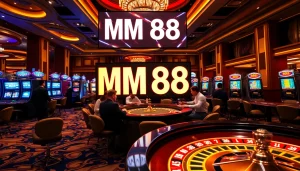 Exciting gambling scene featuring MM 88 at a luxurious casino, showcasing vibrant roulette and slot machines.