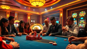 Players engaging in a thrilling game of poker at rr88 online casino, surrounded by colorful chips and slot machines.