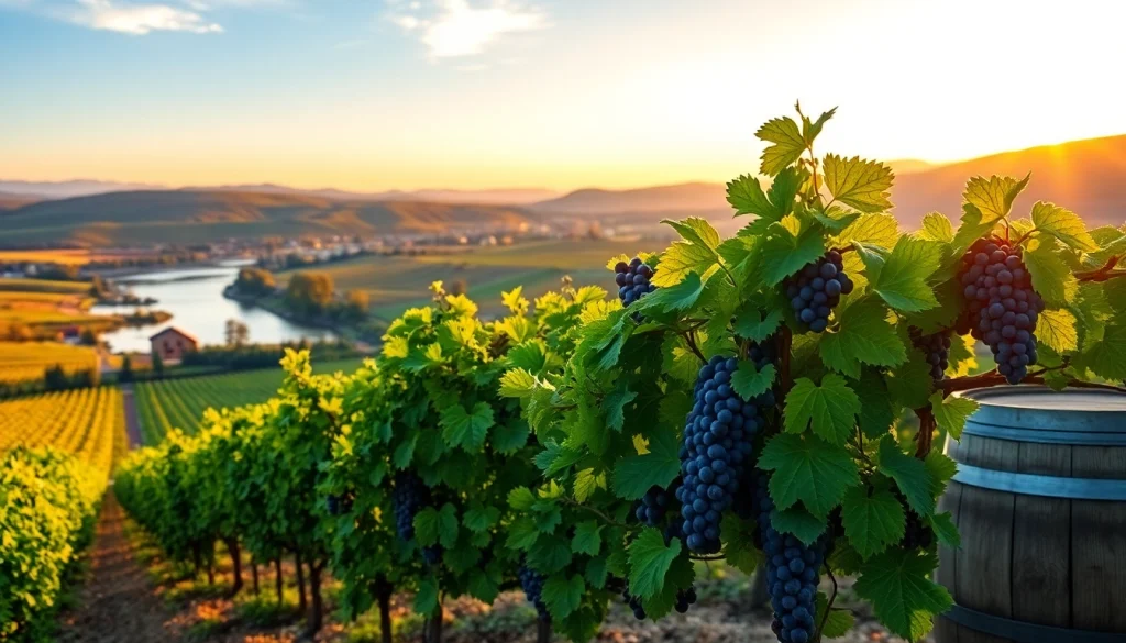 Stunning view of clarksburg wineries with lush vineyards and vibrant sunset colors.
