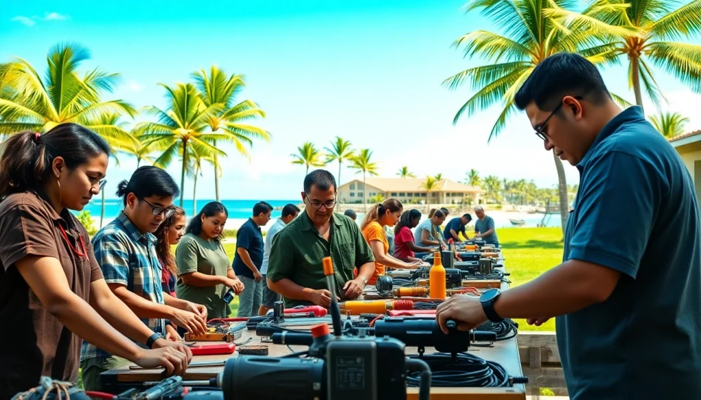 Students in Hawaii trade schools participating in hands-on activities amidst a vibrant setting.