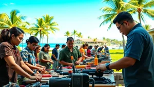 Students in Hawaii trade schools participating in hands-on activities amidst a vibrant setting.