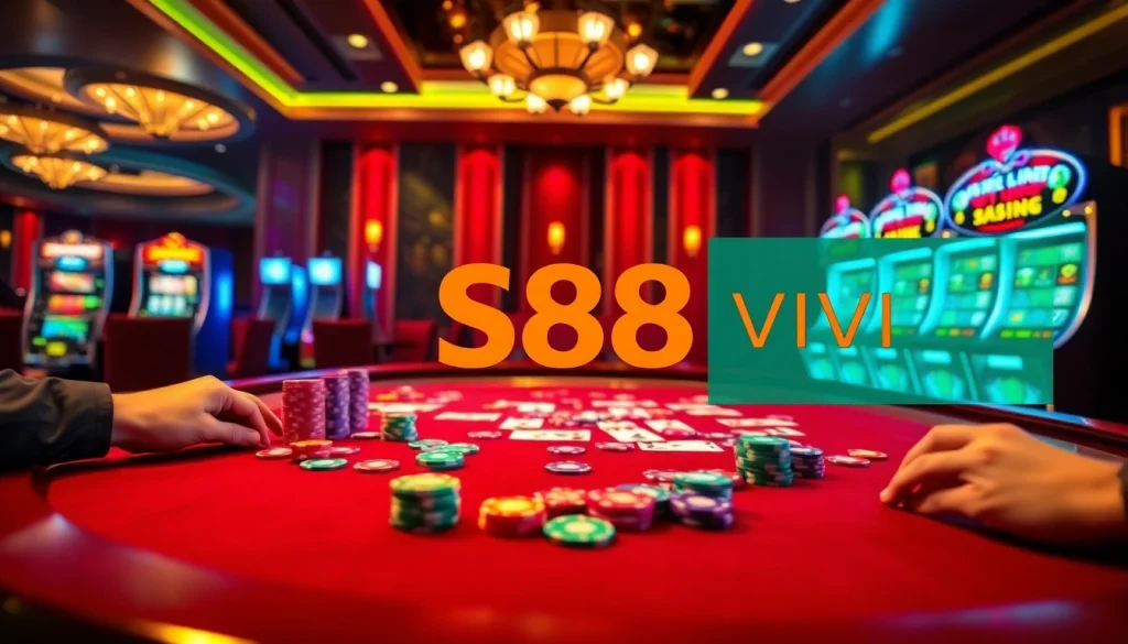 Experience the excitement of S88 VIP as players engage in high-stakes poker at a vibrant casino table.