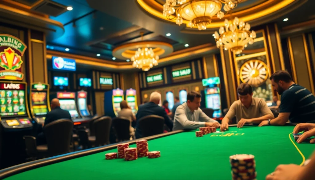 Excited players strategizing at a poker table while "Nếu như vậy bám vào đây" signs enhance the casino atmosphere.
