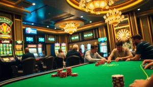 Excited players strategizing at a poker table while "Nếu như vậy bám vào đây" signs enhance the casino atmosphere.