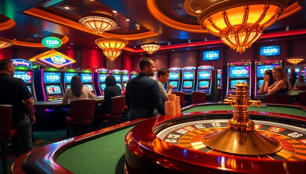 Experience the thrilling atmosphere at a 123b casino with poker chips, roulette, and vibrant slot machines.