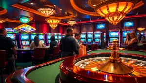 Experience the thrilling atmosphere at a 123b casino with poker chips, roulette, and vibrant slot machines.