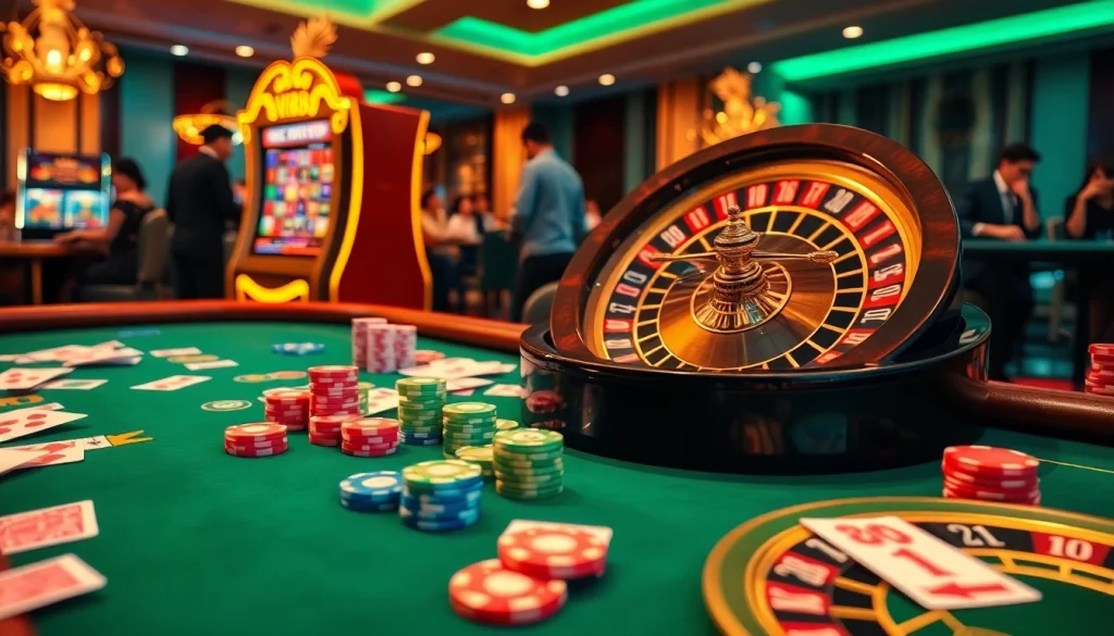 Experience the excitement of gambling at vn88 with colorful poker chips and a roulette wheel.