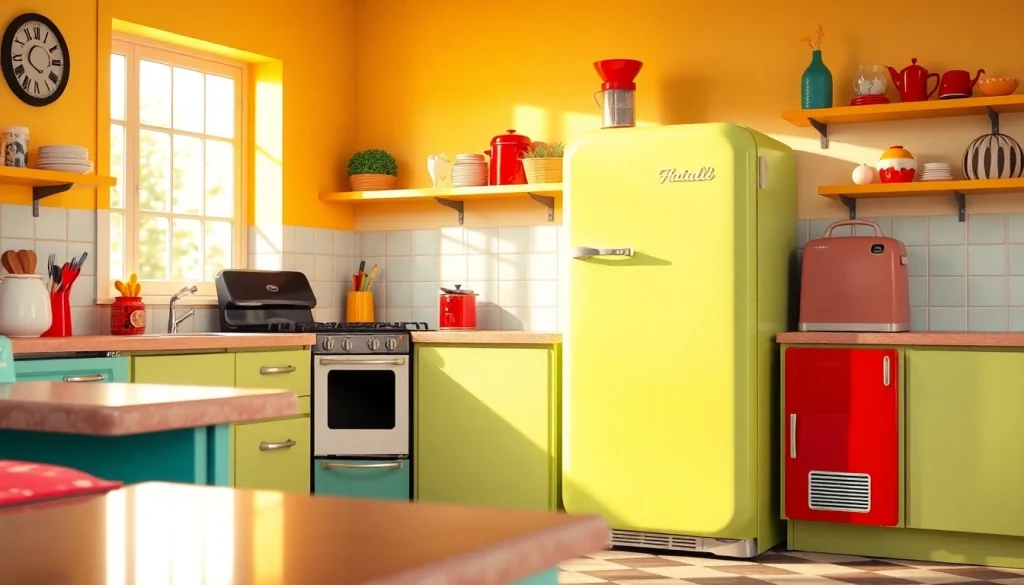 Showcasing retro appliances in a vibrant kitchen with a retro fridge and vintage stove.