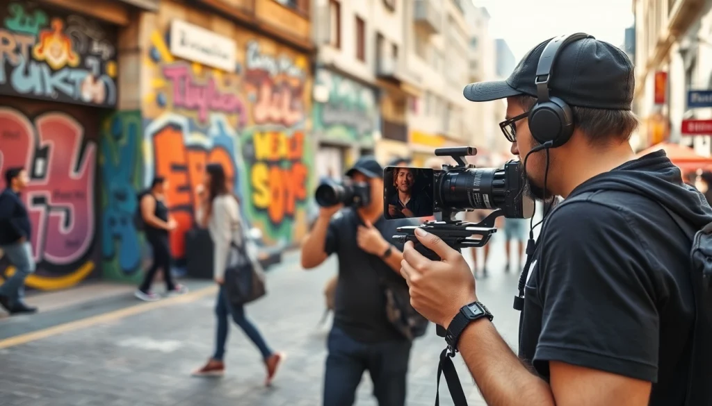 Videographer filming an urban street performance with vibrant backdrops and natural light.