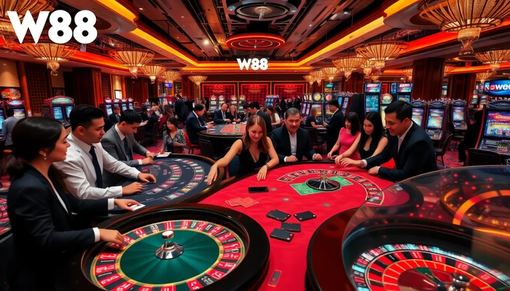 Experience thrilling W88 casino games with elegant tables and excited gamblers in a vibrant atmosphere.