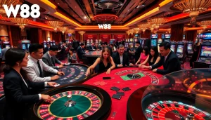 Experience thrilling W88 casino games with elegant tables and excited gamblers in a vibrant atmosphere.