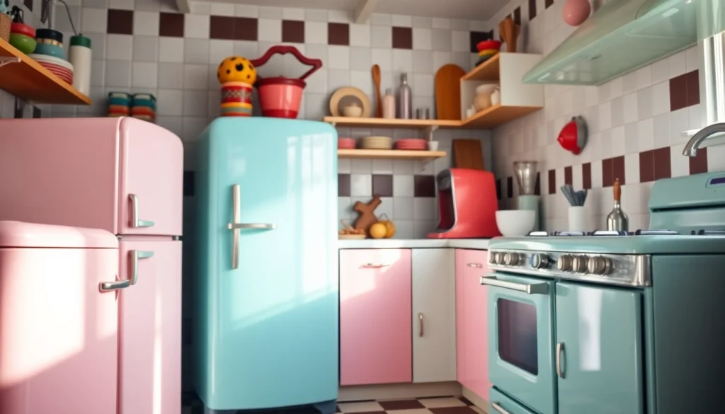 Bright retro appliances in a colorful kitchen, emphasizing vintage charm and style.